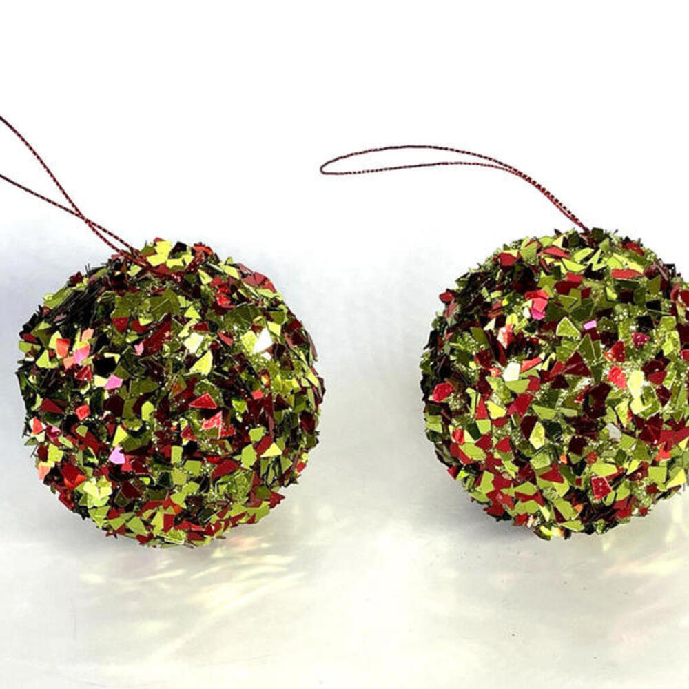 Metallic Red And Green Chunky Glitter 3"‎ Ball Christmas Ornaments Set of 2